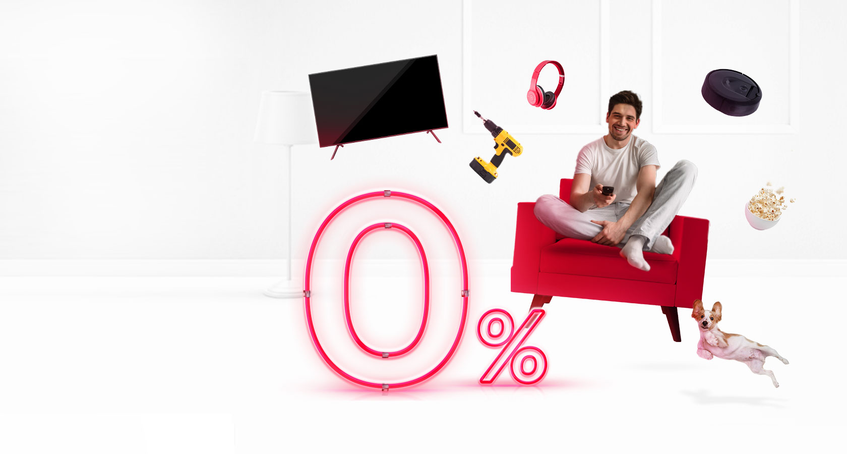 Hombre sentado en sillón rodeado de tecnología en promoción