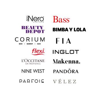 Aldo Nero, Bass, Beauty Depot, Bimba & Lola, Corium, Fia Boutique, Flexi, Inglot, L’Occitane, Makenna, Nine West, Pandora, Parfois, Vélez