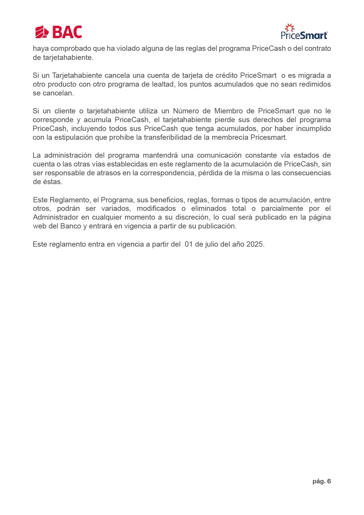 Reglamento programa PriceCash a Julio 2025