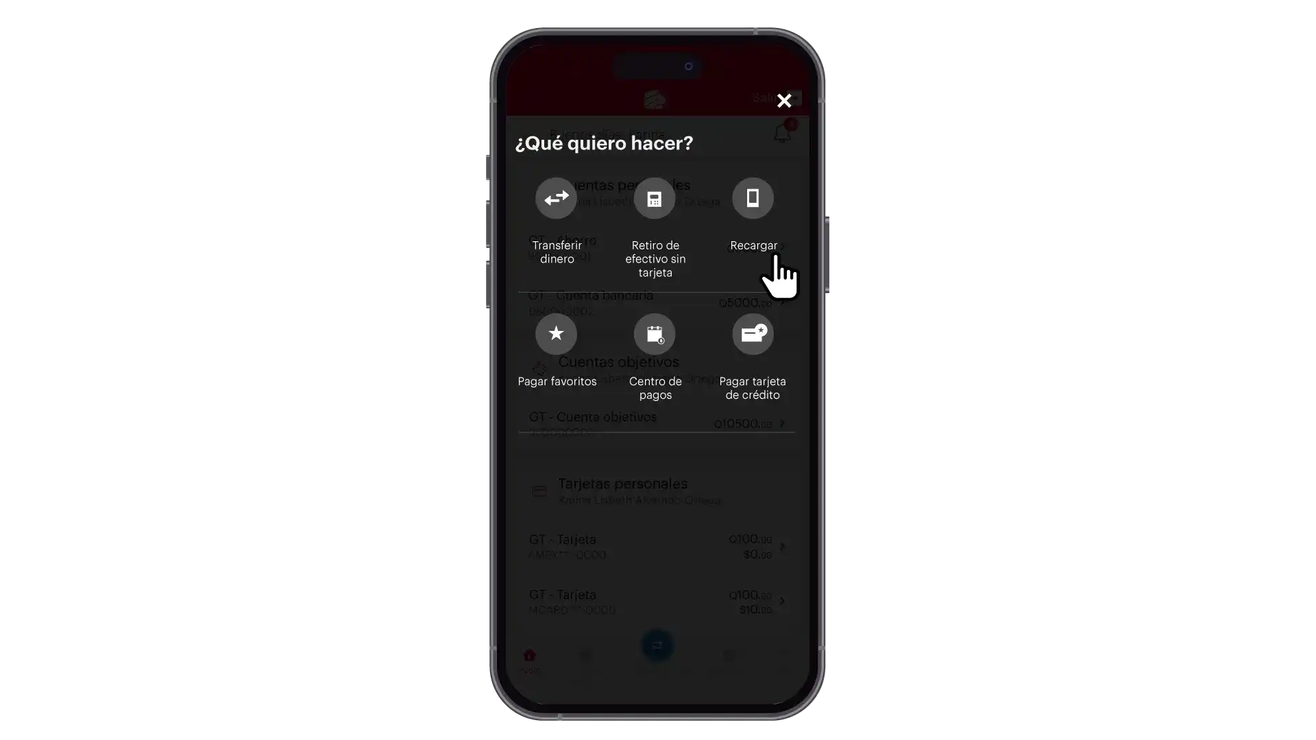pantalla recargar de la app.
