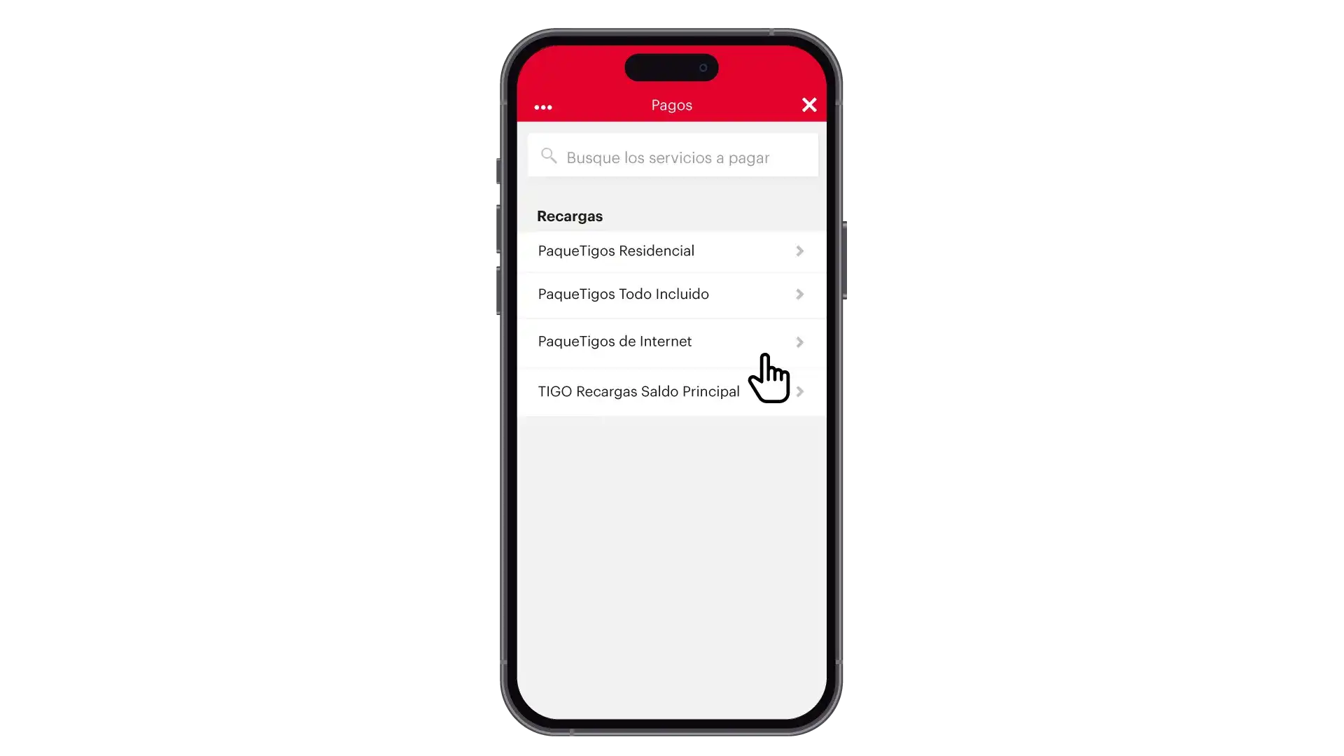 pantalla paquetigos para recargar de la app.
