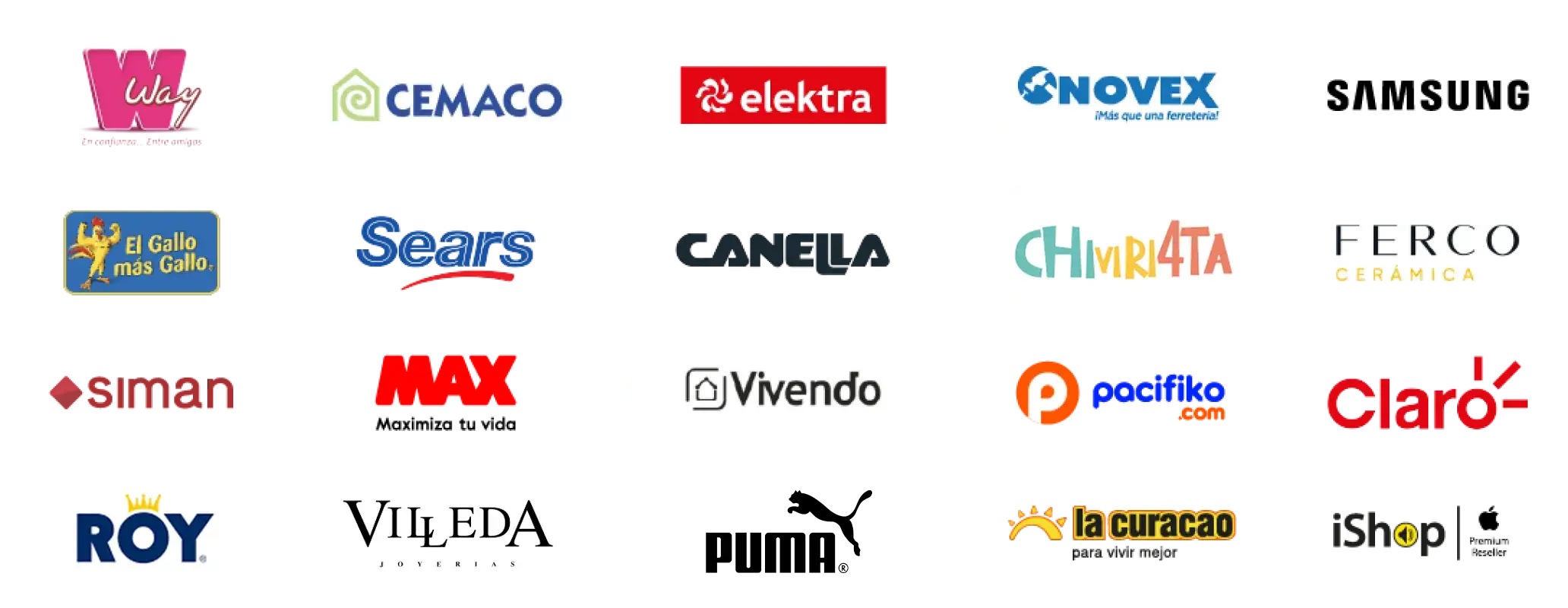 Agencias way, Cemaco, Elektra, Novez, Samsung, El gallo más gallo, Sears, Canella, Chivirita, Ferco, Siman, Max, Vivendo, Pacifiko, Claro, Roy, Villeda, Puma, La Curacao, Ishop