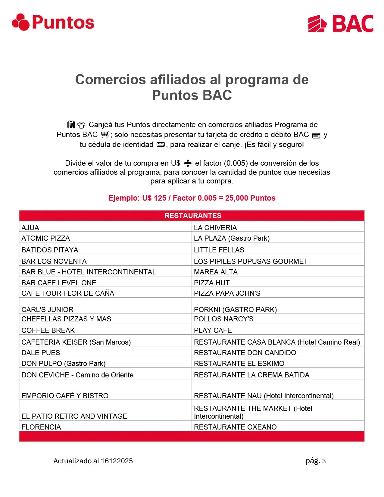 Listado de Comercios Afiliados al Programa de Puntos BAC 