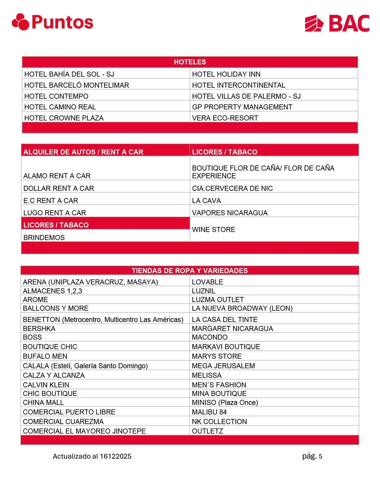 Listado de Comercios Afiliados al Programa de Puntos BAC 