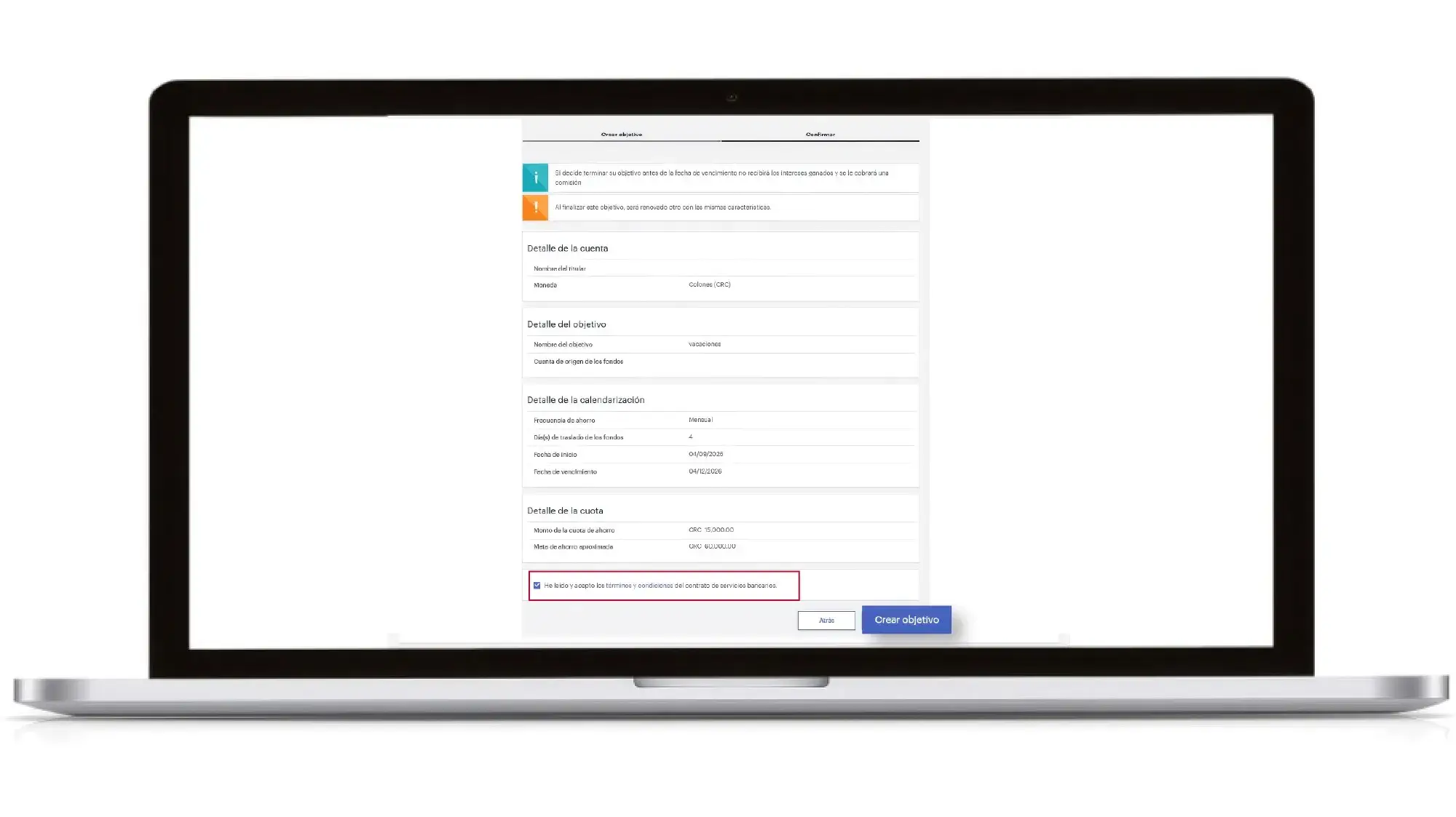 Paso 6 del tutorial para abrir una cuenta BAC Objetivos desde computadora