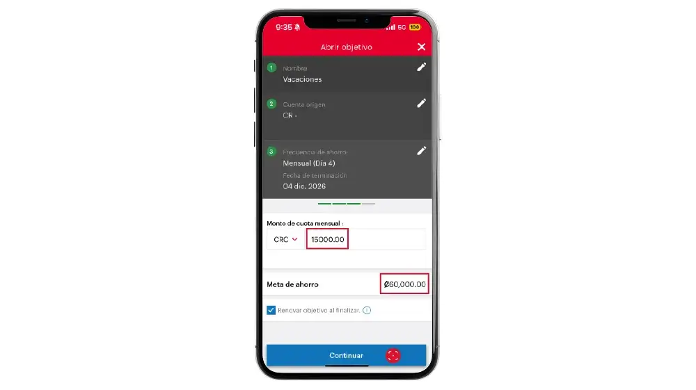 Paso 6 del tutorial para abrir una cuenta BAC Objetivos desde el celular