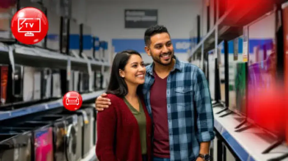 Pareja feliz comprando electrodomesticos
