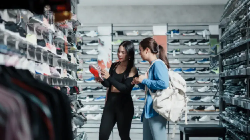 dos mujeres comprando tenis en tienda de ropa