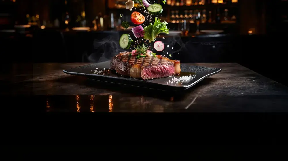 Corte de carne gourmet con vegetales frescos en restaurante participante de la Temporada Gastronómica con 50% de descuentoc