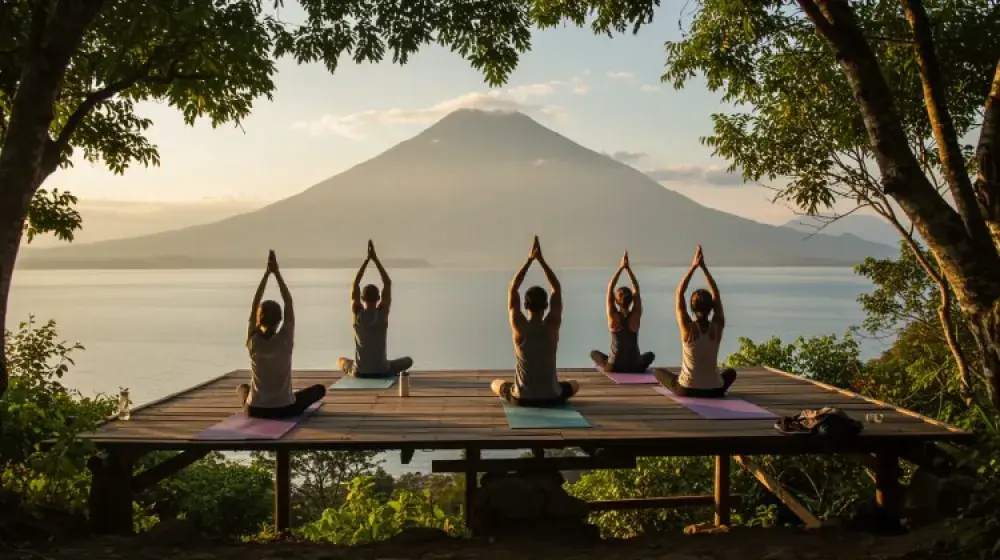 Personas practicando yoga frente al Lago de Atitlán con vista a un volcán, rodeadas de naturaleza en Guatemala.
