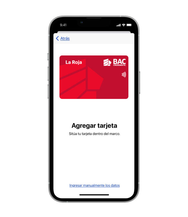 iPhone con Apple Wallet agregando tarjeta de débito La Roja BAC Credomatic