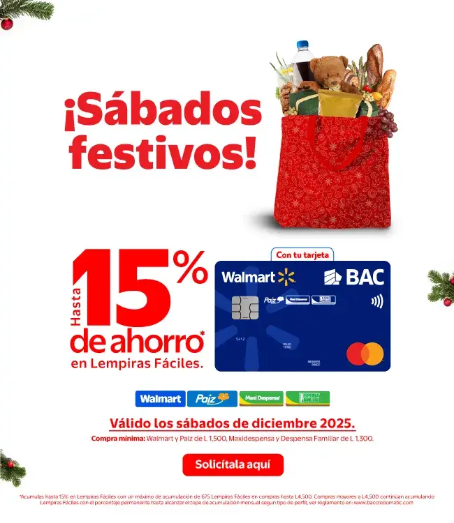 Promocion de walmart Honduras: 15% de ahorro con la tarjeta Walmart de BAC