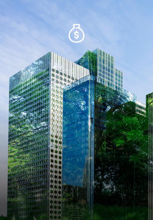 Imagen de edificios con follaje reflejado